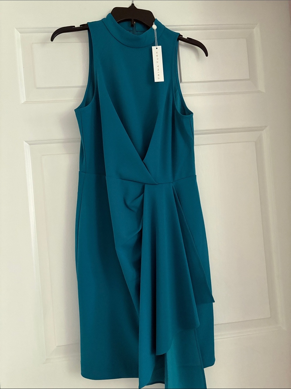NWT Trina Turk Teal Mock-Neck Draped Midi Dress